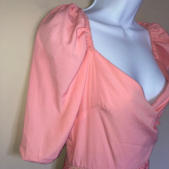 Lovers + Friends Archie Mini Dress Pink Lemonade Smocked Skirt Ruffles Side Zip - Picture 16 of 16